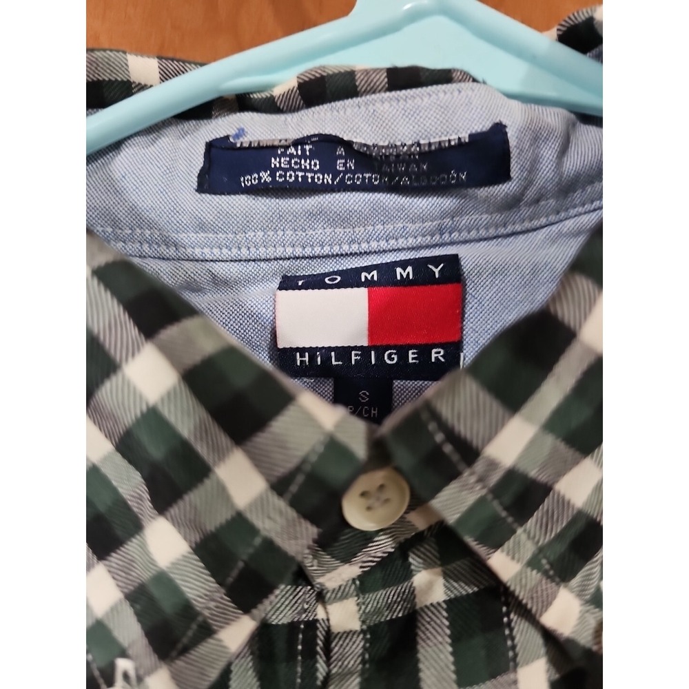 VTG Tommy Hilfiger Shirt Mens Small Button Up Green White Plaid - Picture 4 of 9